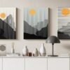 Canvas Wall Art, Abstract Framed Portrait of mountain and sunset in boho style