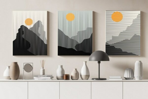 Canvas Wall Art, Abstract Framed Portrait of mountain and sunset in boho style