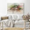 Canvas Wall Art, Abstract Framed Portrait of garden table set flower pots and flower bushes