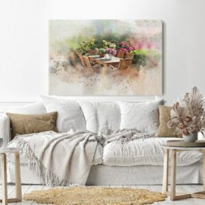 Canvas Wall Art, Abstract Framed Portrait of garden table set flower pots and flower bushes