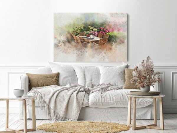 Canvas Wall Art, Abstract Framed Portrait of garden table set flower pots and flower bushes