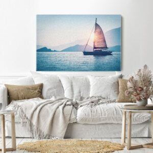 Canvas Wall Art, Abstract Framed Portrait of Sailboat in the sea in the evening sunlight