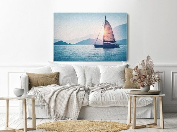 Canvas Wall Art, Abstract Framed Portrait of Sailboat in the sea in the evening sunlight