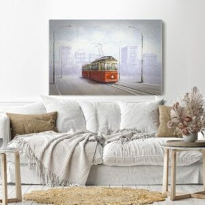 Canvas Wall Art, Abstract Framed Portrait of old tram in old city