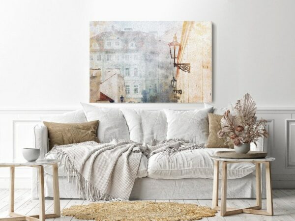 Canvas Wall Art, Abstract Framed Portrait of Prague alley with old houses