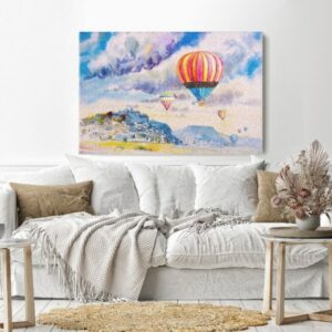Canvas Wall Art, Abstract Framed Portrait of hot air balloon on mountain village and blue sky cloud