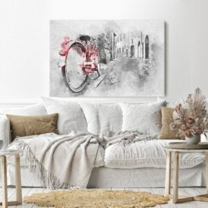 Canvas Wall Art, Abstract Framed Portrait of retro vintage red bike on cobblestone street