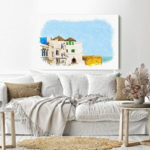 Canvas Wall Art, Abstract Framed Portrait of Promenade street along the sea walls morocco