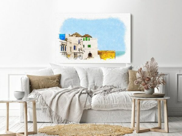 Canvas Wall Art, Abstract Framed Portrait of Promenade street along the sea walls morocco