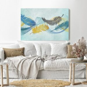 Canvas Wall Art, Abstract Framed Portrait of feather and blue line art background pattern