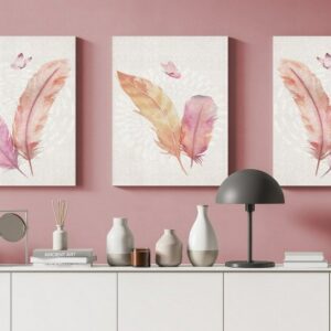 Canvas Wall Art, Abstract canvas Framed Portrait of pink feather butterfly geometric art pattern