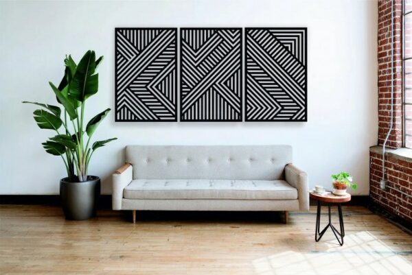 Geometric Wood Wall Art  Set of 3 Modern Panel Each 80x50