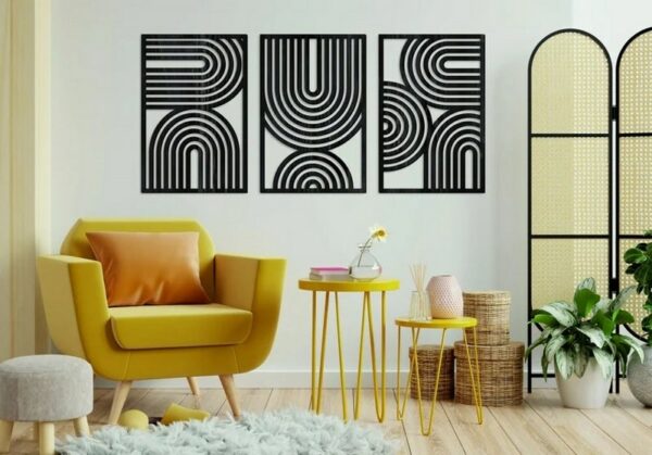 Mid Century Geometric Wood Wall Art - Set of 3 Modern Panel Each 80x50