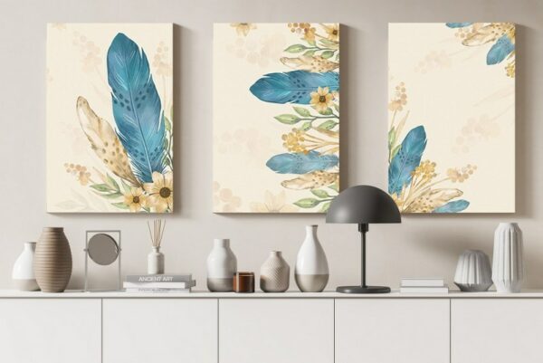 Set of three canvas Blue Feather Wall Art Printed wall art