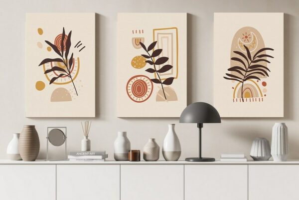 Set of three canvas hand drawn flat design boho Printed wall art
