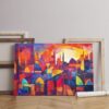 painting city with blue canvas sky red sun Printed  wall art