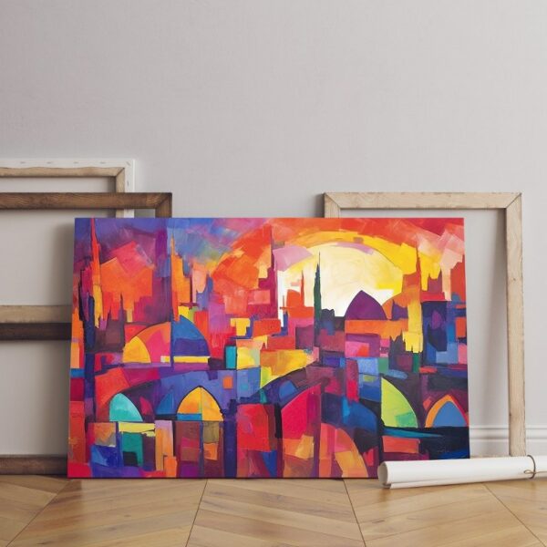 painting city with blue canvas sky red sun Printed  wall art
