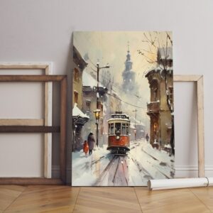painting red canvas tram snow Printed wall art