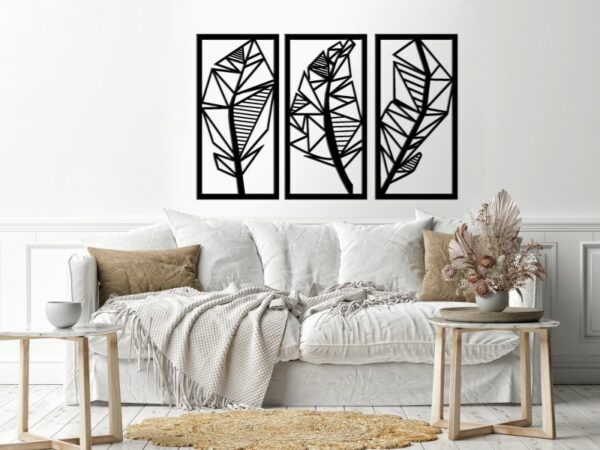 Great Wood Wall Decal art  Leaves geometric shape 3 panels 80x120 Black
