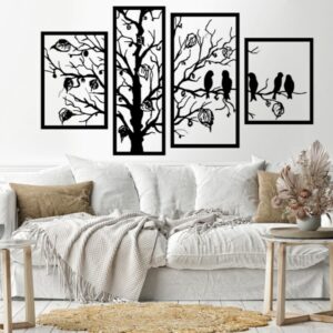 Beautiful Tree and birds 4 panels Wood Wall decal art 80x150 Black