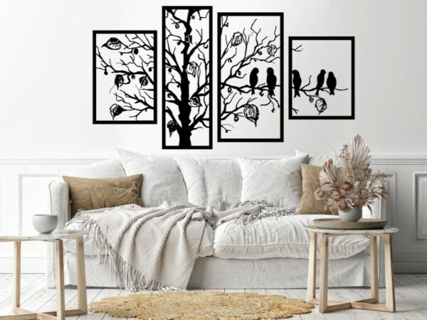 Beautiful Tree and birds 4 panels Wood Wall decal art 80x150 Black
