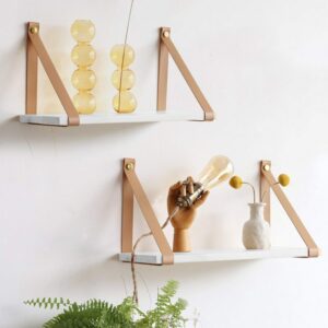 Beautiful wall floating shelves PU Biege Leather Strap