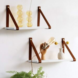 Beautiful wall floating shelves PU Brown Leather Strap