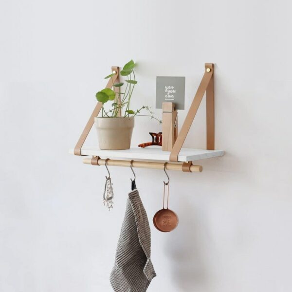 Beautiful wall floating shelves PU Biege Leather Strap