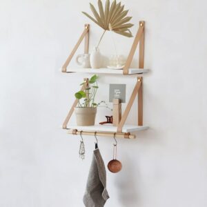 Beautiful wall floating shelves PU Biege Leather Strap