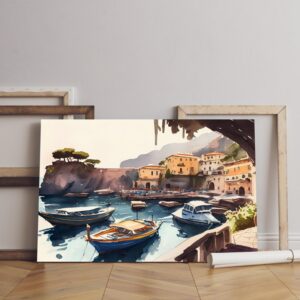 Harbor with boats canvas on the water at sorrento itally Printed wall art