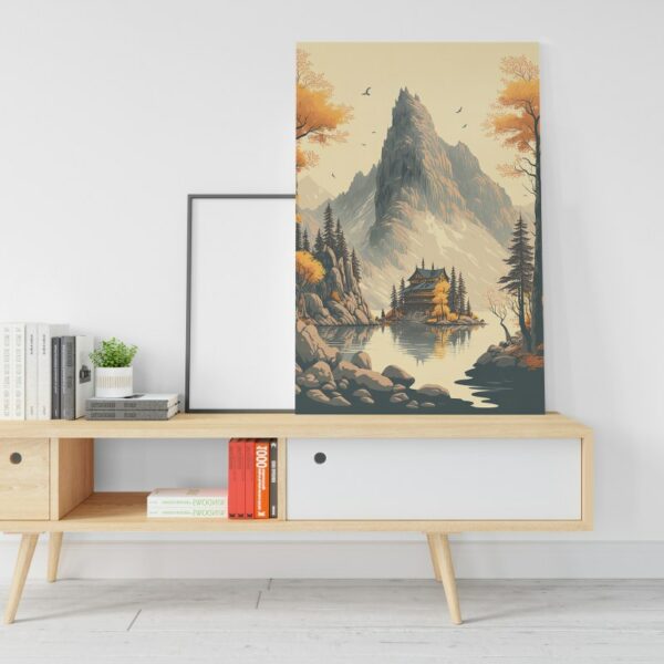 Painting cabin canvas by lake with mountain background Printed wall art