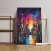 Painting colorful canvas city with moon on sky Printed wall art