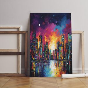 Painting colorful canvas city with moon on sky Printed wall art