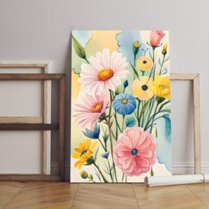 Painting flowers with blue canvas background yellow flowers Printed wall art