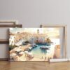 Painting canvas harbor with boats lighthouse background Printed wall art