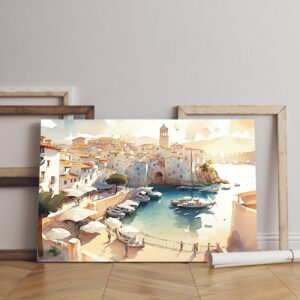 Painting canvas harbor with boats lighthouse background Printed wall art