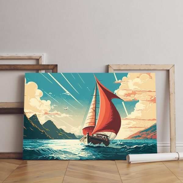Painting canvas sailboat in river with cloudy sky Printed wall art