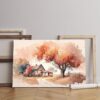 Autumn landscape canvas with watercolor illustration house autumn tree