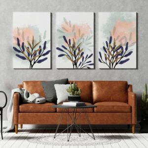 Luxury navy canvas blue and gold print with plants and ink splashes botanical art