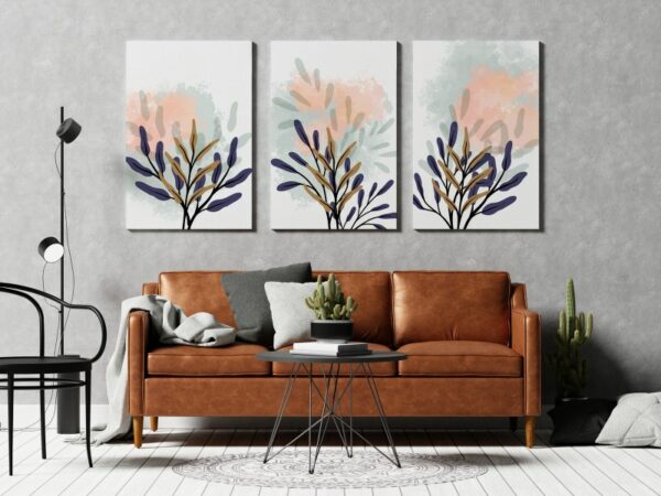 Luxury navy canvas blue and gold print with plants and ink splashes botanical art
