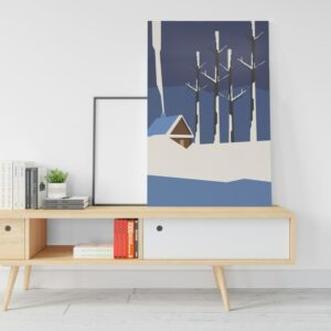 Cabin in the frozen forest with blue canvas Printed canvas wall art