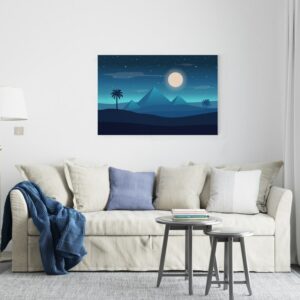 Pyramids and palm tress canvas with full moon Printed wall art