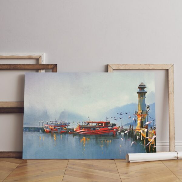 Fishing boat and lake canvas at the morning Printed wall art