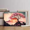 Beautiful Artistic landscape canvas with cherry blossoms sunset painted with watercolor texture vintage