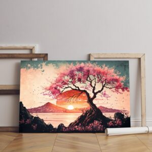 Beautiful Artistic landscape canvas with cherry blossoms sunset painted with watercolor texture vintage