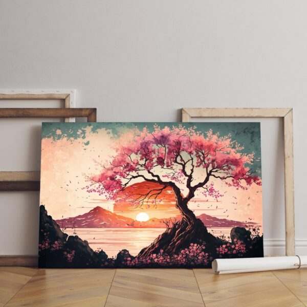 Beautiful Artistic landscape canvas with cherry blossoms sunset painted with watercolor texture vintage