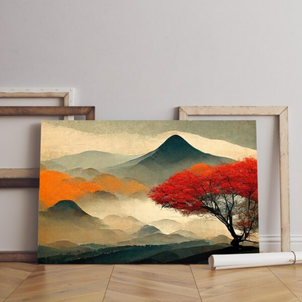 Beautiful Autumn japanese canvas landscape mountains redwood growing slope illustration