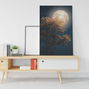Full Moon canvas Wall Art Night Sky Moon Retro with orange bolssom