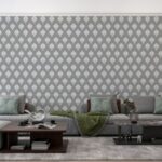 ورق حائط من القماش بنمط هندسي باللون الرمادي والأبيض يغطي مساحة تصل إلى 4.2 متر × 3 متر مع أداة لاصقة وأداة تنعيم