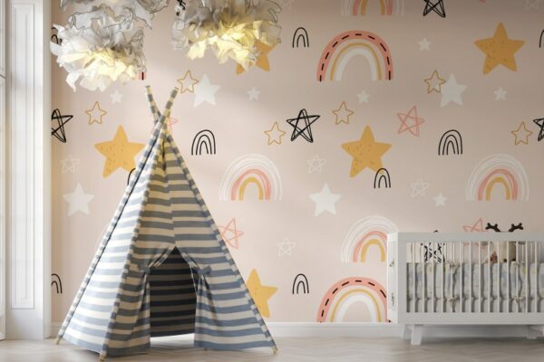Bohemia Pink Rainbows and Stars Fabric Wallpaper Covers an area ​​up to 4.2mX3m with adhesive  and smoothing tool